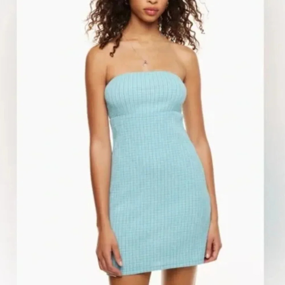 Aritzia Wilfred Attention Smocked Strapless  Mini Tube Dress Blue Size Small